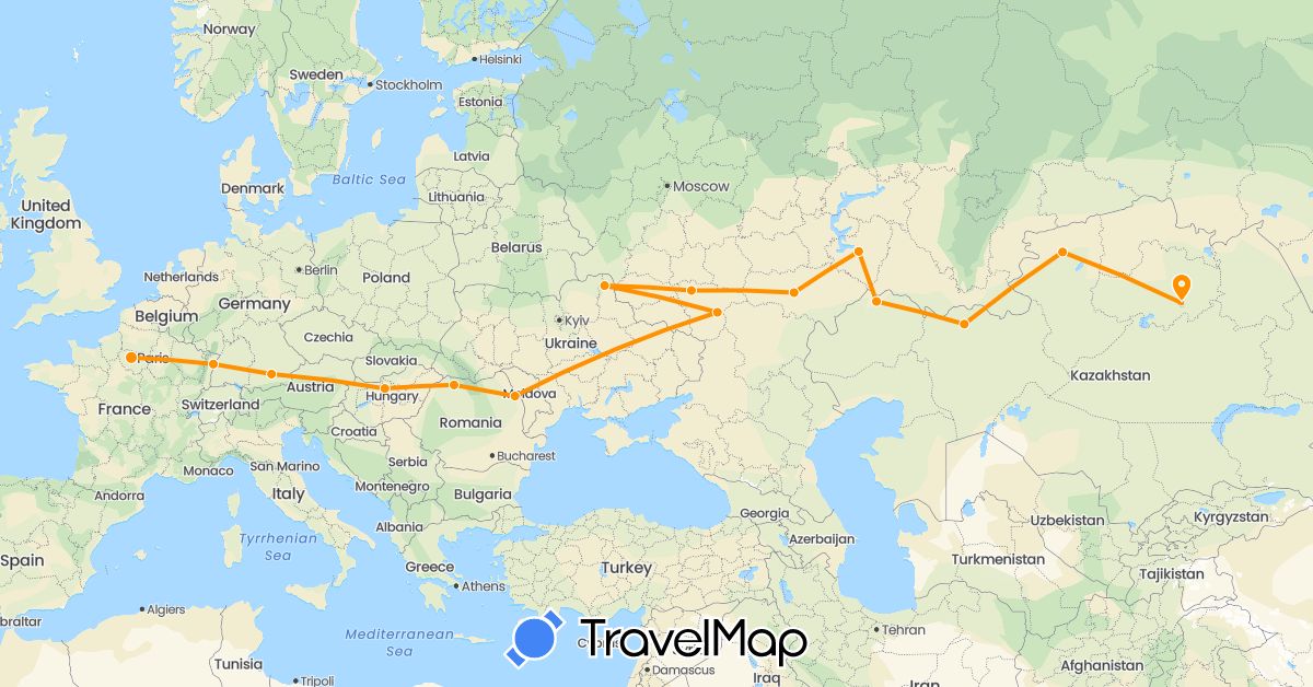 TravelMap itinerary: driving, hitchhiking in Germany, France, Hungary, Kazakhstan, Romania, Russia, Ukraine (Asia, Europe)